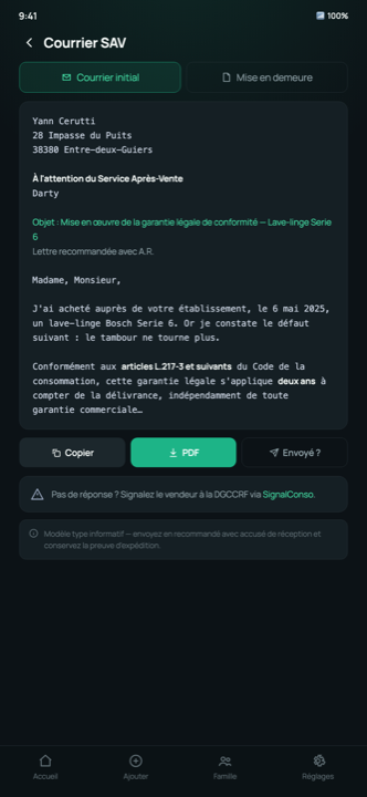 Courrier SAV juridique généré par l'application