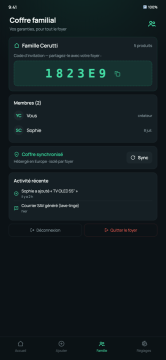 Coffre familial partagé avec code d'invitation